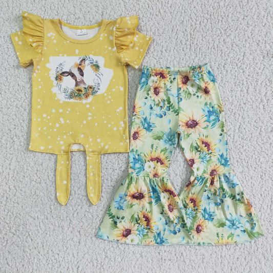 GSPO0089 Yellow Heifer Cow Sunflower Girls Short Sleeve Bell Bottom Pants Outfits