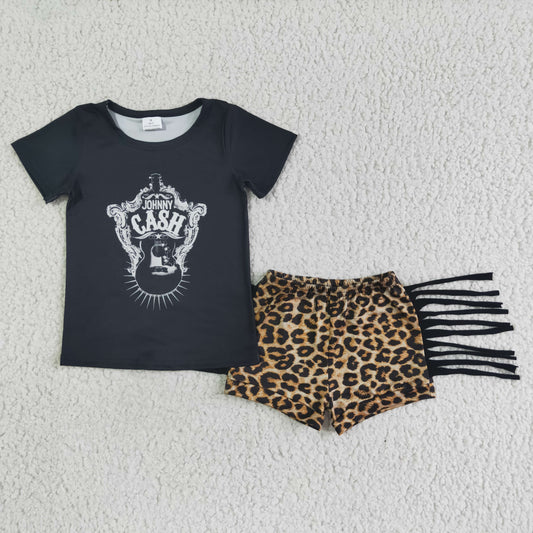 Clearance A3-4 Black Cash Guitar Tassels Leopard Girls Short Sleeve Shorts Outfits