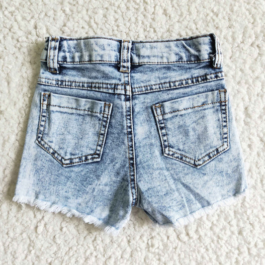 SS0024 Highland Cows Blue Distress Girls Shorts Denim Jeans