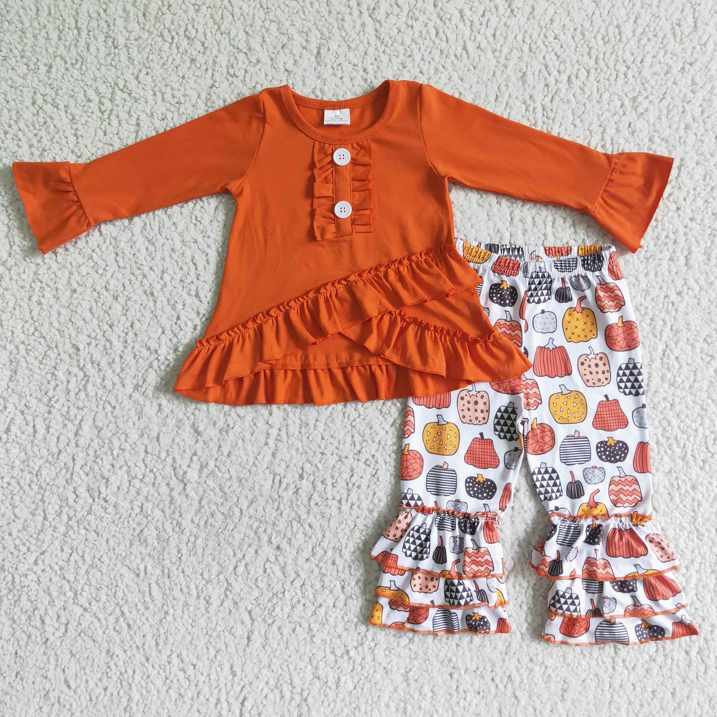 6 A13-28 Halloween Pumpkin Orange Ruffles Short Front Girls Long Sleeve Bell Bottom Pants Outfits