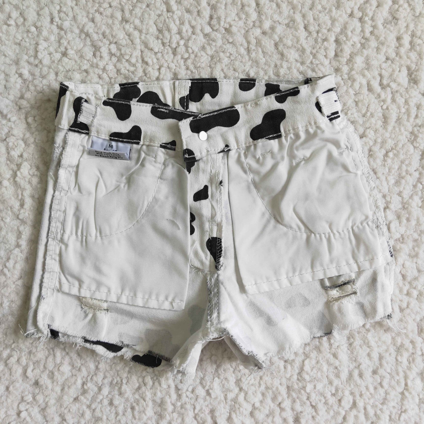 SS0027 Black White Cow Print Distress Girls Shorts Denim Jeans