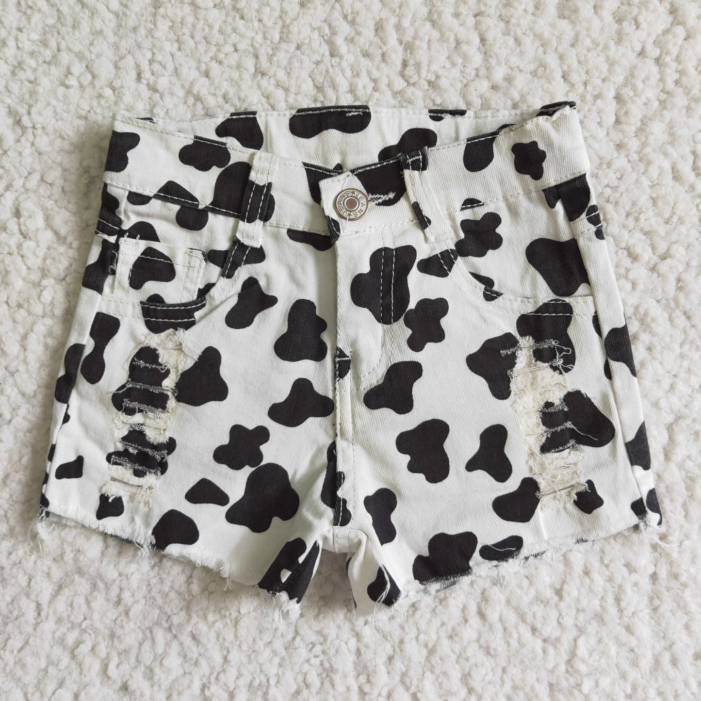 SS0027 Black White Cow Print Distress Girls Shorts Denim Jeans