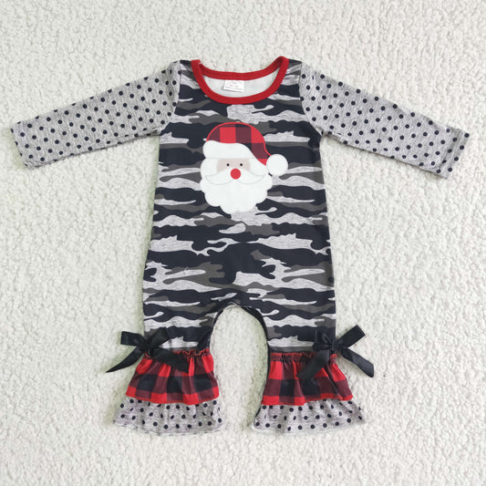 6 A24-9 Christmas Santa Camo Grey Girls Long Sleeve Romper