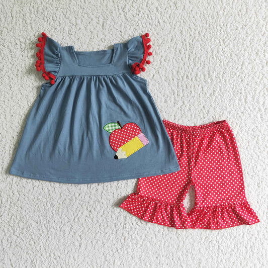 GSSO0120 Back To School Blue Red Apple Pencil Embroidery Girls Flutter Sleeve Shorts Outfits