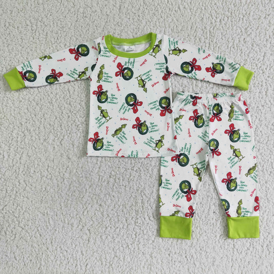 Clearance 6 B4-20 Christmas Green Cartoon Boys Long Sleebe Pajamas