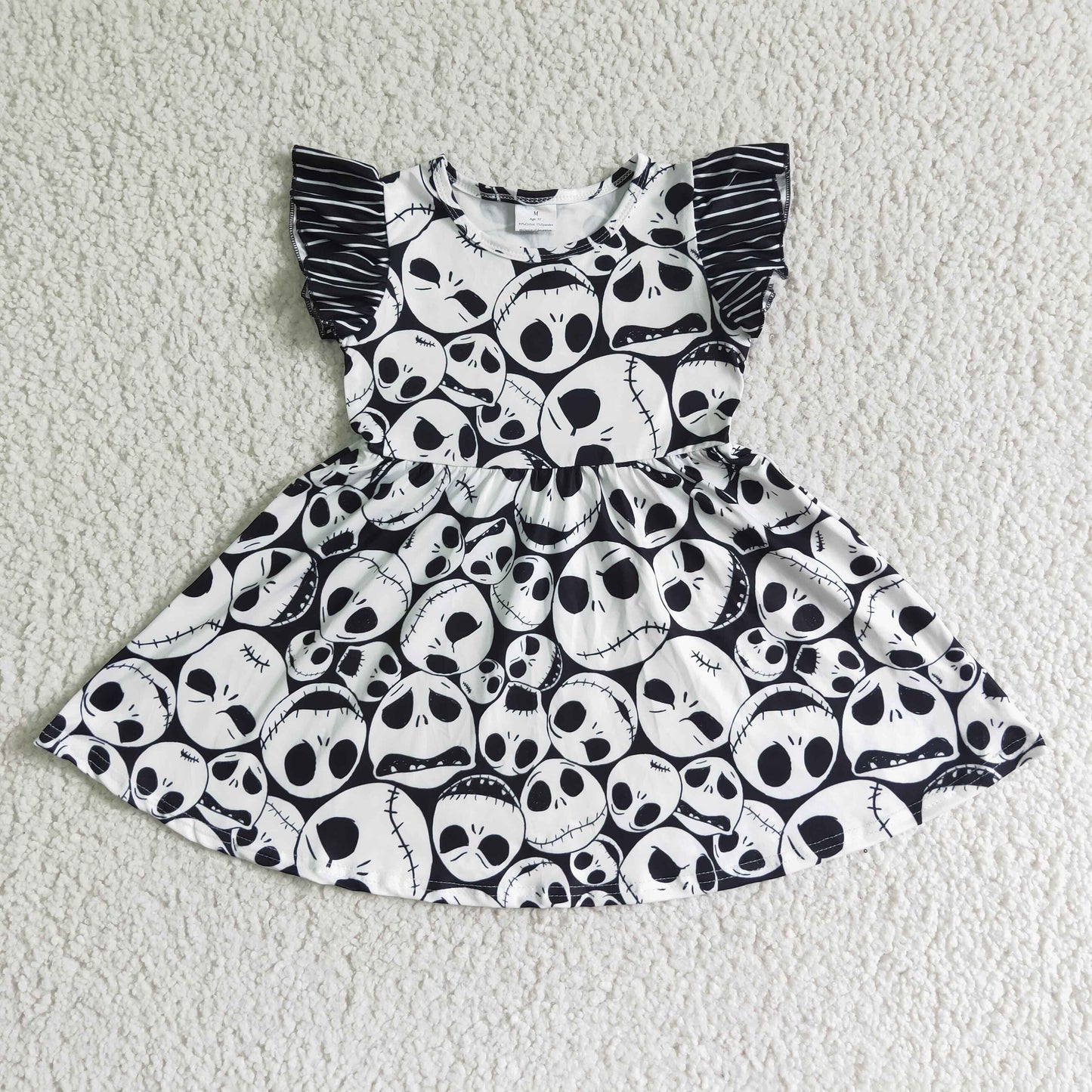 GSD0107 Halloween Black White Ghost Cartoon Girls Flutter Sleeve Dresses