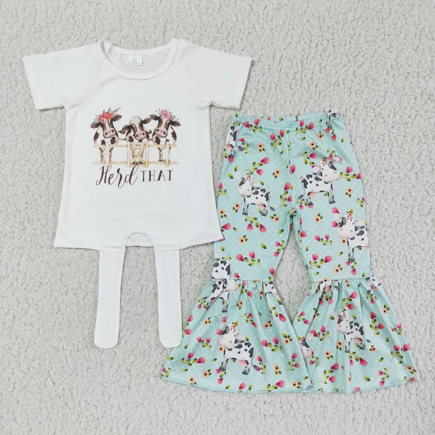 Clearance A12-15 Green Cow Heifer Floral Girls Short Sleeve Bell Bottom Pants Outfits