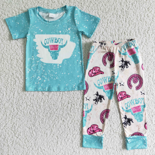 BSPO0005 Blue Cowboy Highland Cows Boys Short Sleeve Pants Outfits