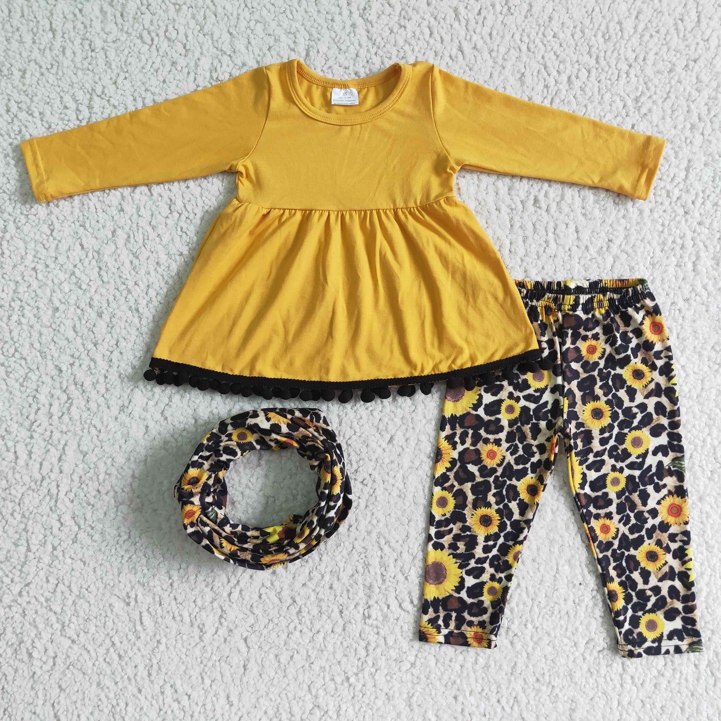 6 A20-30 Yellow Leopard Sunflower With Bow 3pcs Tunic Girls Long Sleeve Pants Outfits