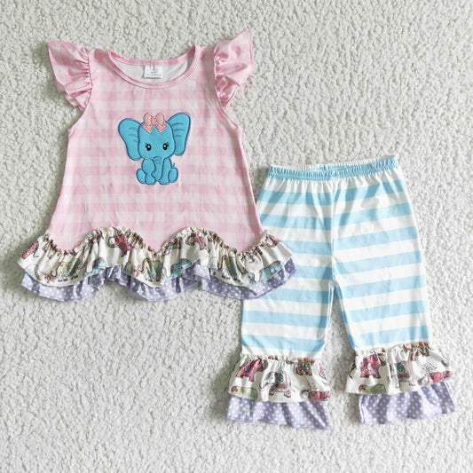 GSSO0104 Pink Blue Elephant Embroidery Cartoon Girls Short Sleeve Shorts Outfits