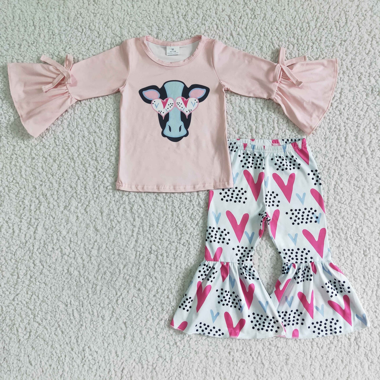 Clearance 6 A15-29 Valentine's Day Heifer Cow Pink Girls Long Sleeve Bell Bottom Pants Outfits