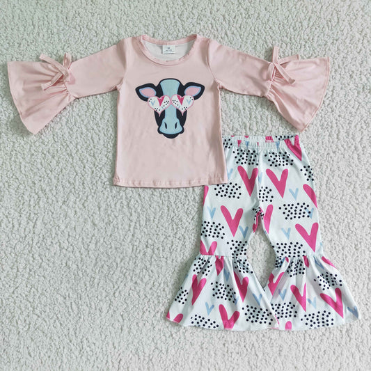 Clearance 6 A15-29 Valentine's Day Heifer Cow Pink Girls Long Sleeve Bell Bottom Pants Outfits