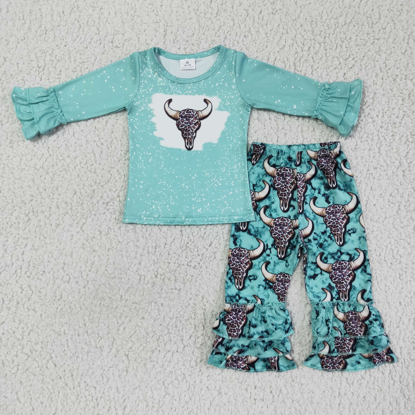 Clearance 6 B3-2 Blue Leopard Heifer Ruffles Girls Long Sleeve Bell Bottom Pants Outfits