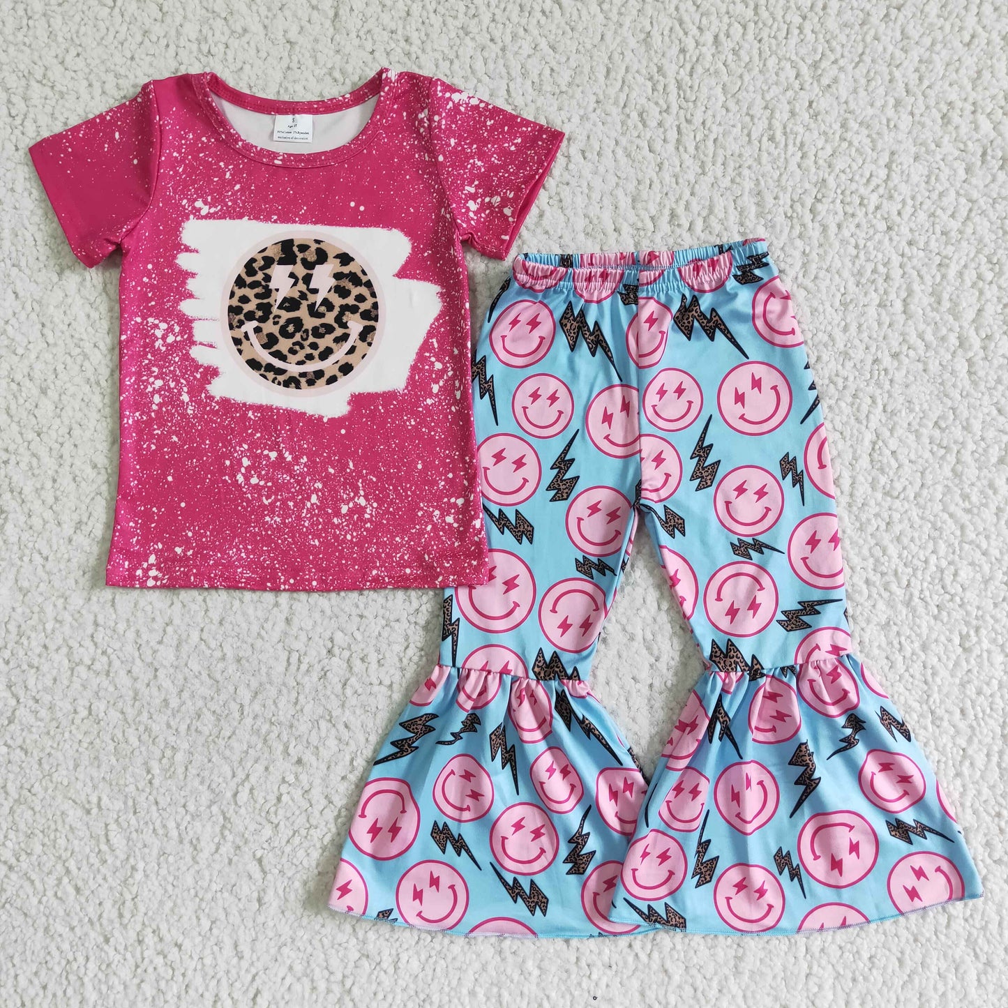 GSPO0084 Pink Blue Leopard Smile Emoji Girls Short Sleeve Bell Bottom Pants Outfits