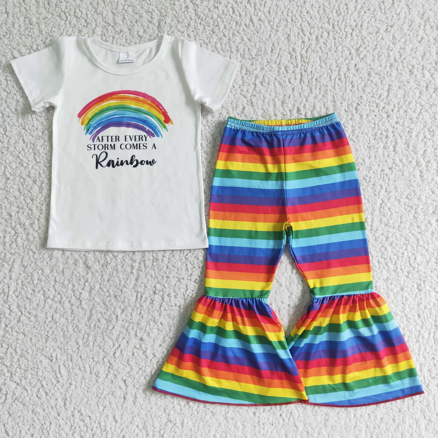 Clearance B14-3 Rainbow Blue Yellow Striped Girls Short Sleeve Bell Bottom Pants Outfits