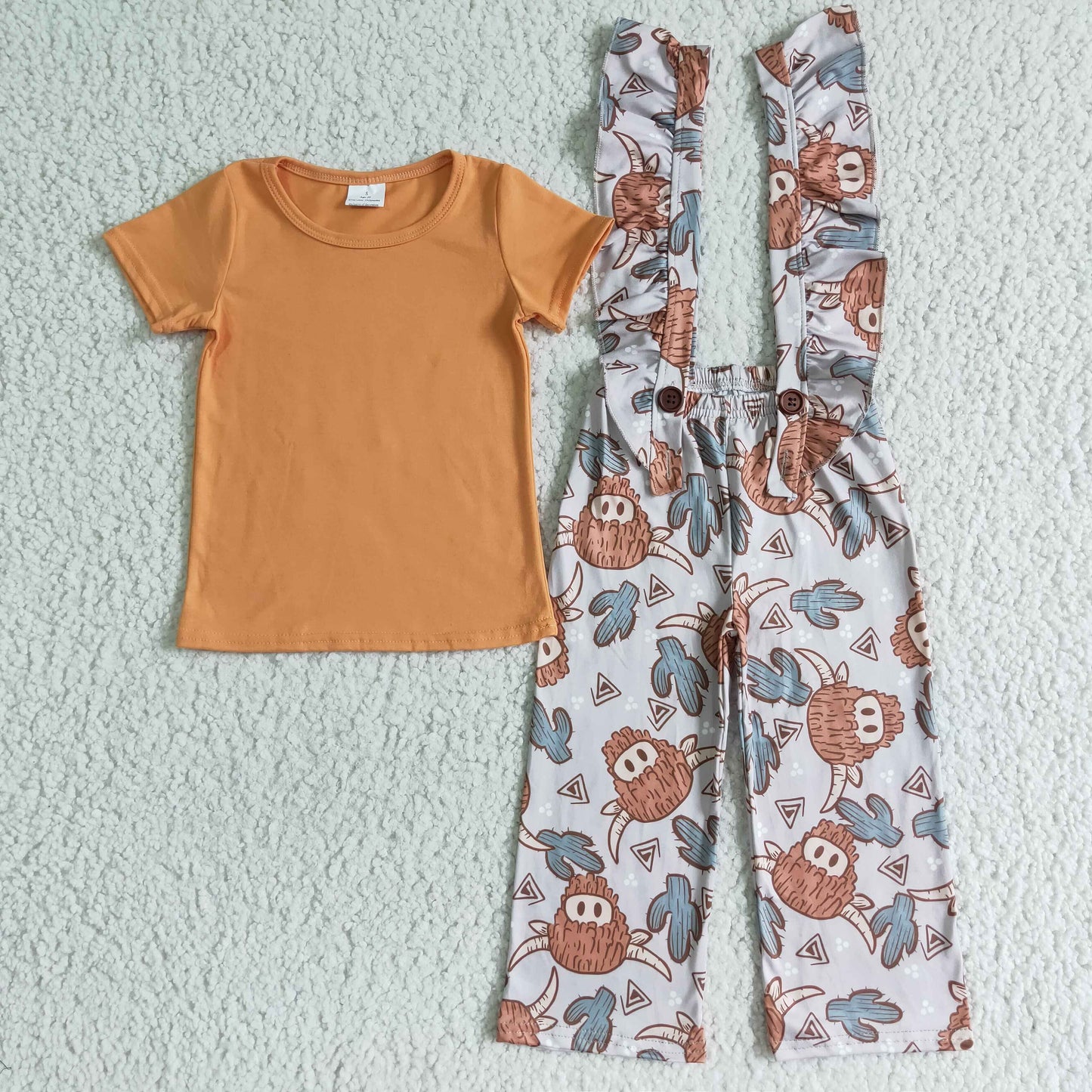 GSPO0096 Orange Highland Cows Cactus Cartoon Overall Girls Short Sleeve Bell Bottom Pants Outfits