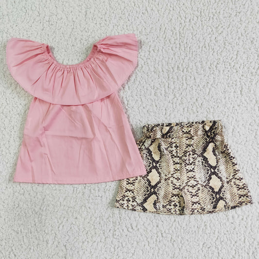 C8-7 Pink Snake Skin Off Shoulder Girls Short Sleeve Shorts Outfits