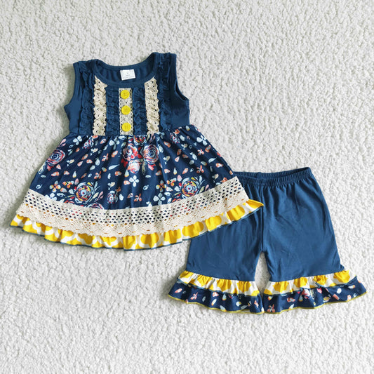 C0-11 Blue Yellow Floral Lace Tunic Girls Sleeveless Shorts Outfits