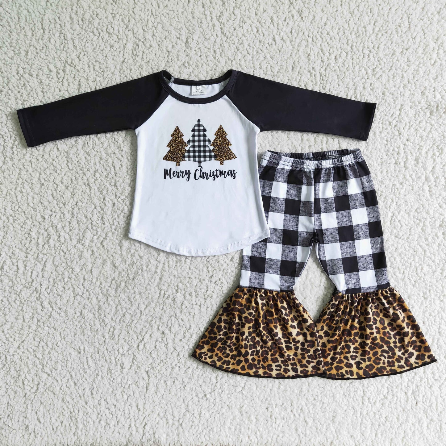 6 B8-18 Merry Christmas Tree Leopard Black Plaid Girls Long Sleeve Bell Bottom Pants Outfits