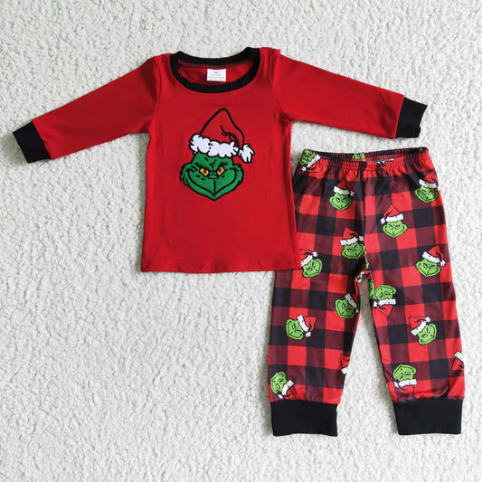 Clearance 6 B9-38 Christmas Red Green Cartoon Embroidery Boys Long Sleeve Pajamas Outfits