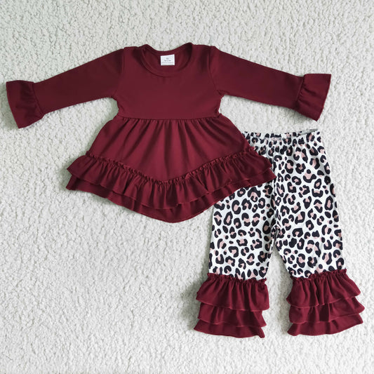 Clearance 6 B4-38 Red Ruffles Leopard Tunic Girls Long Sleeve Pants Outfits