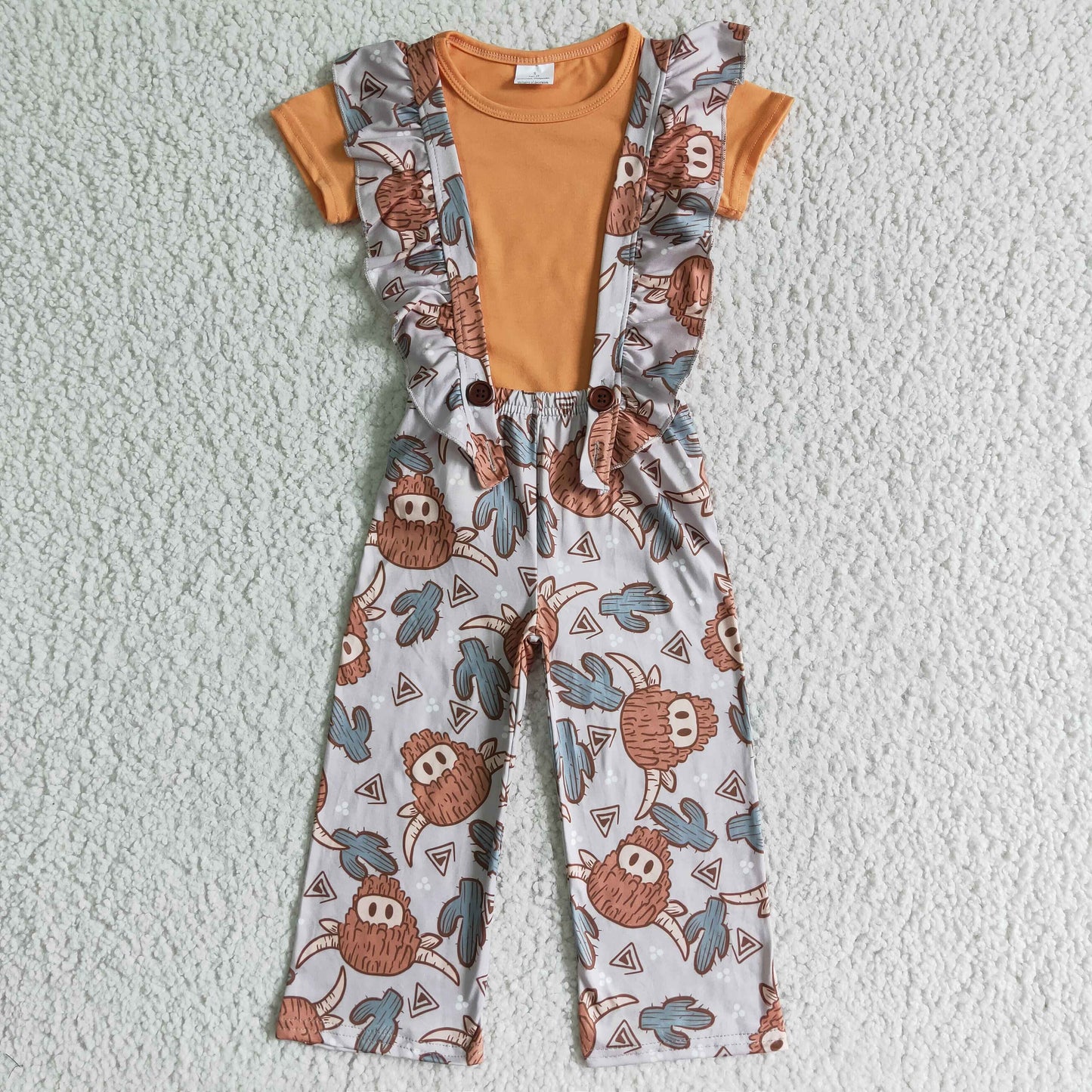 GSPO0096 Orange Highland Cows Cactus Cartoon Overall Girls Short Sleeve Bell Bottom Pants Outfits