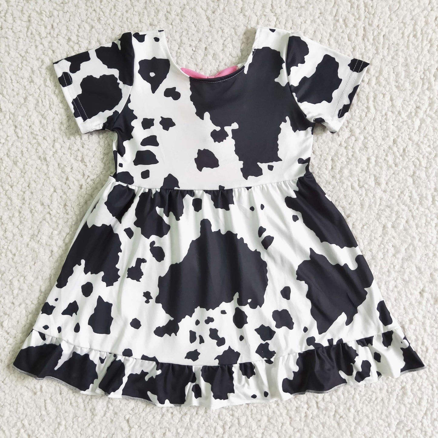 GSD0102 Black White Cow Print Girls Short Sleeve Dresses