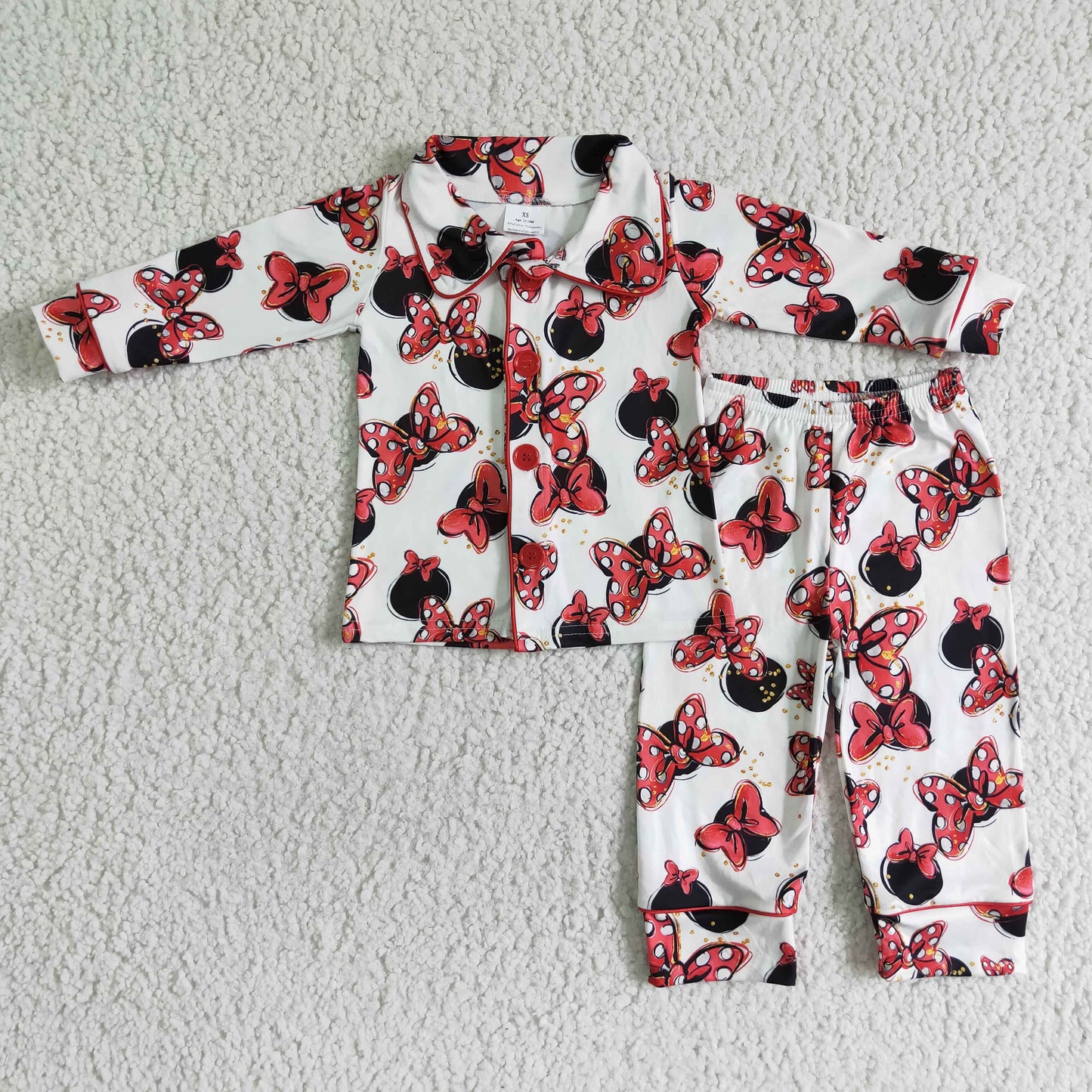 Clearance 6 C6-16 Red Cartoon Bows Collar Girls Long Sleeve Pajamas