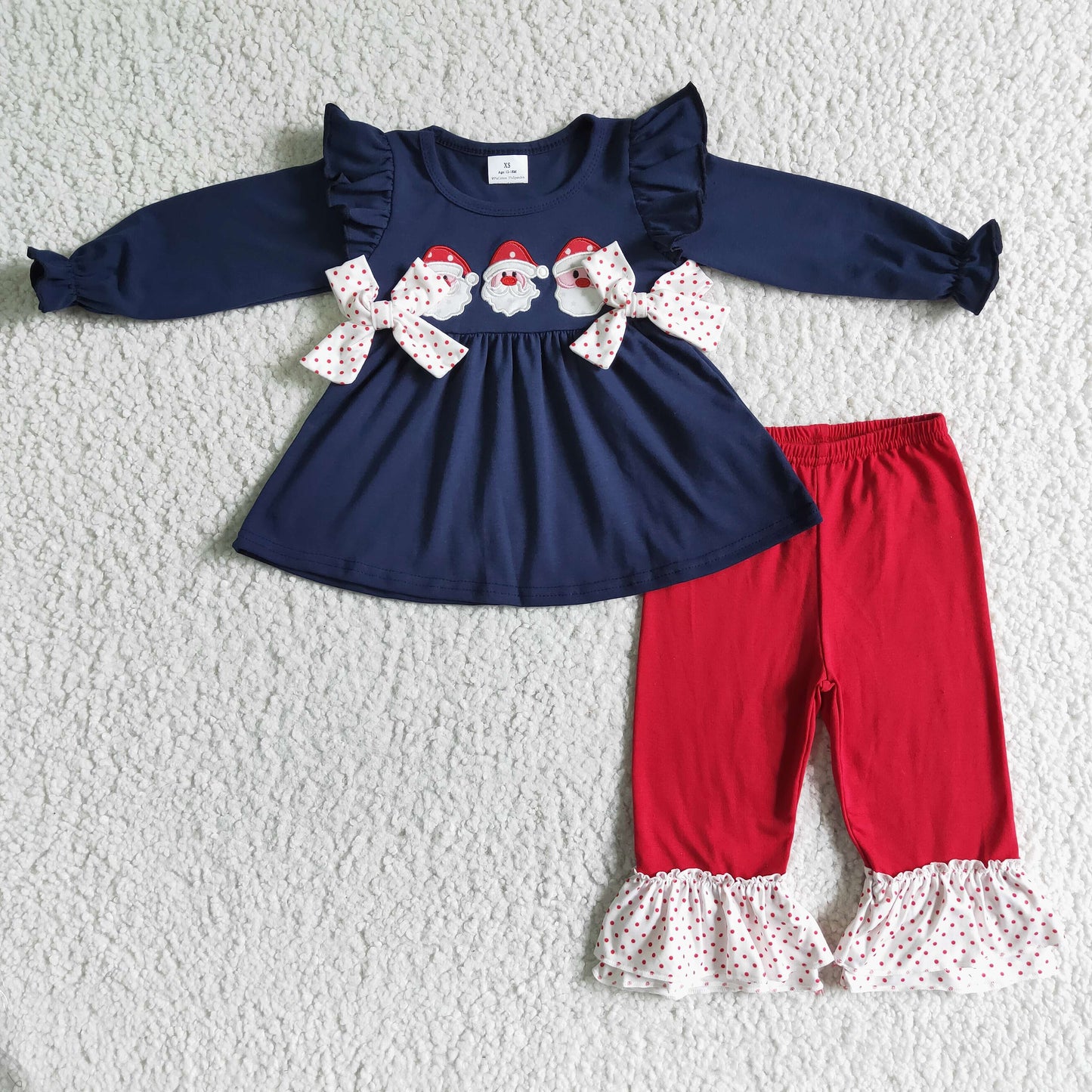 6 B7-39 Christmas Santa Blue Red Embroidery Tunic Girls Long Sleeve Bell Bottom Pants Outfits