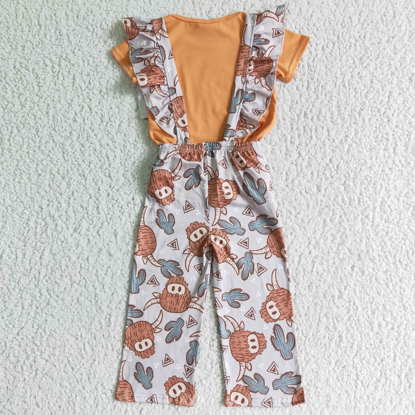 GSPO0096 Orange Highland Cows Cactus Cartoon Overall Girls Short Sleeve Bell Bottom Pants Outfits