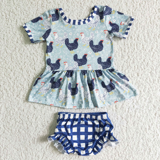 GBO0049 Blue Plaid Chickens Girls Short Sleeve Bummies Outfits