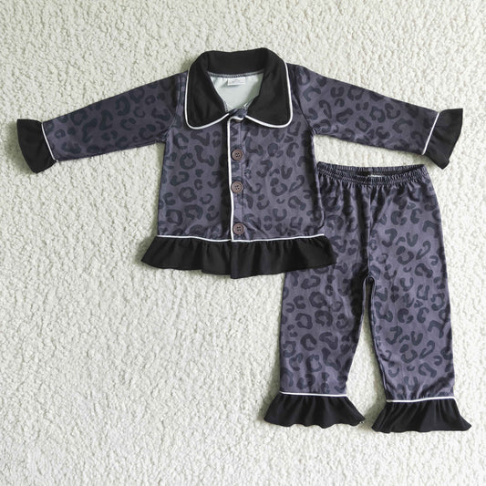 6 A24-20 Black Leopard Collar Girls Long Sleeve Pajamas