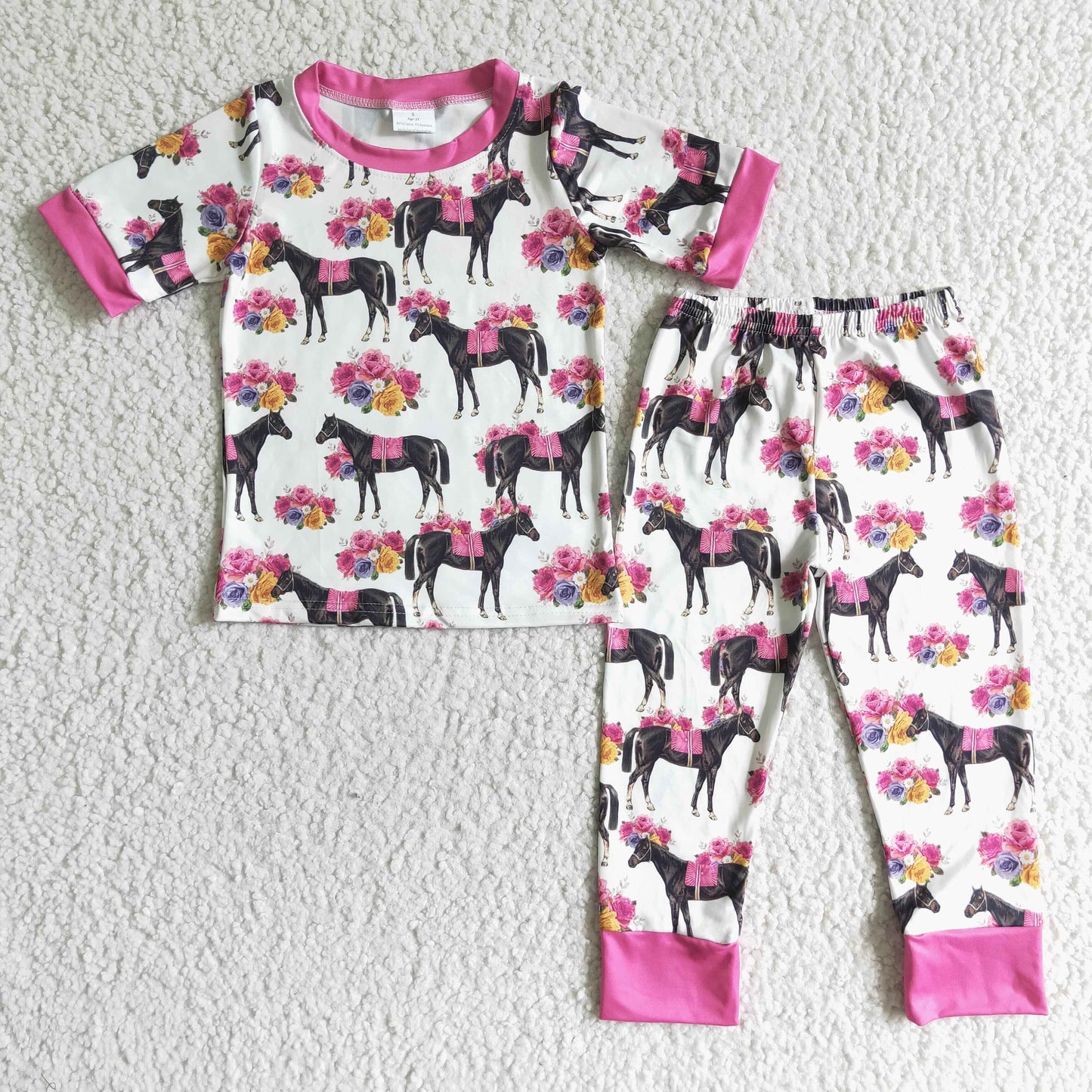 GSPO0005 Pink Horses Floral Girls Short Sleeve Pajamas