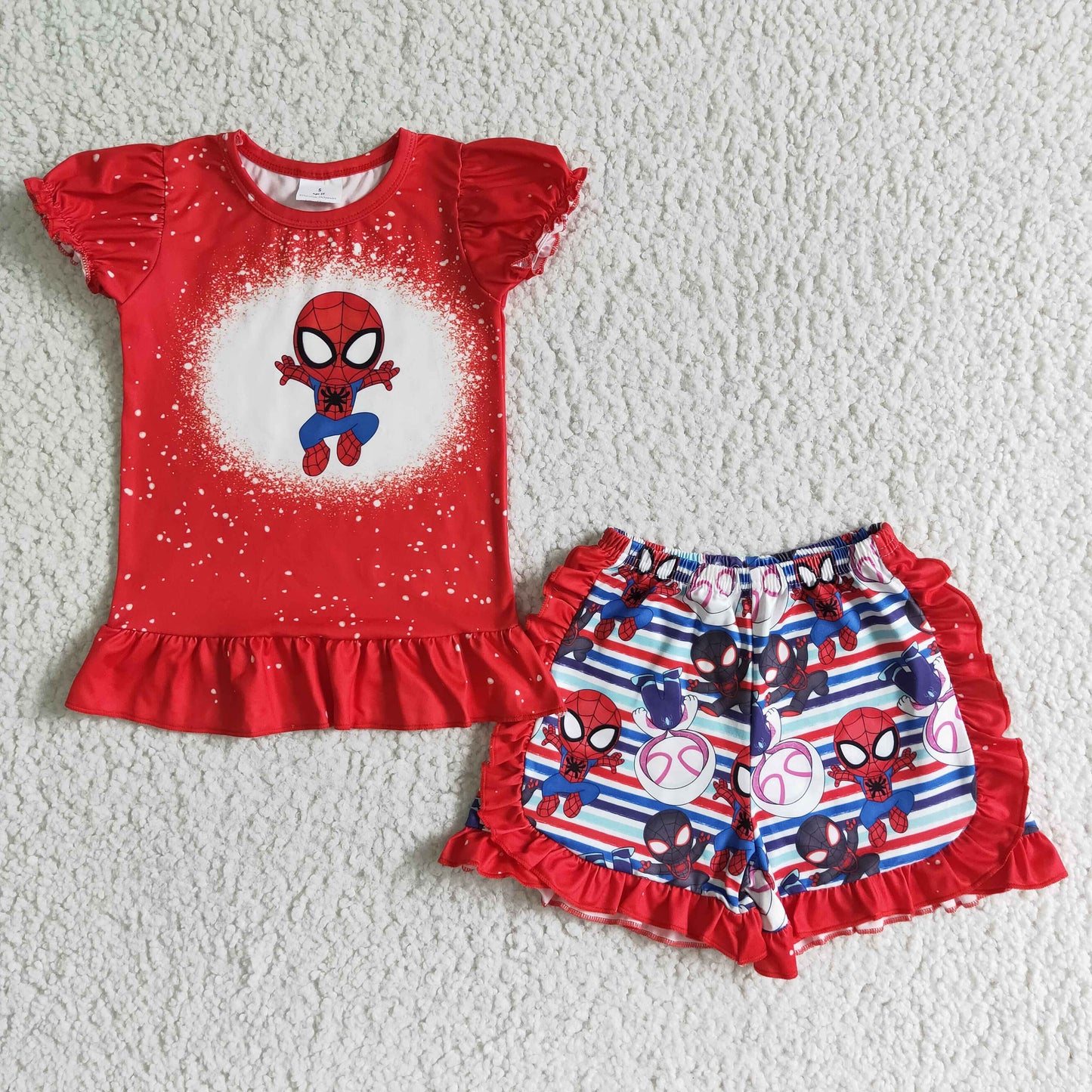 GSSO0124 Red Hero Cartoon Blue Stripes Girls Short Sleeve Shorts Outfits