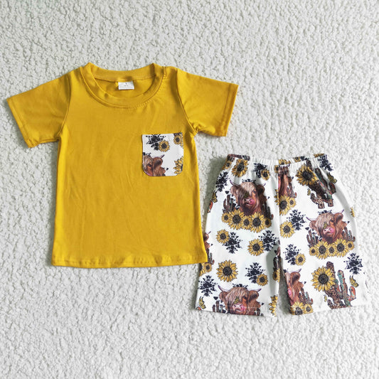 BSSO0069 Yellow Highland Cows Sunflower Pocket Boys Short Sleeve Shorts Outfits