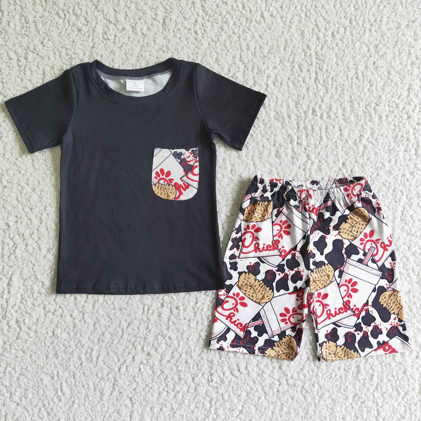 BSSO0079 Red Black Chicken Cow Print Pocket Boys Short Sleeve Shorts Outfits