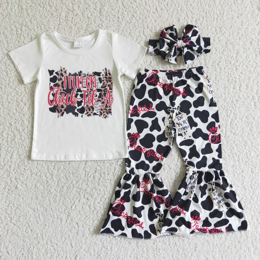 E7-2 Chick Cow Print With Bow Headband 3pcs Girls Short Sleeve Bell Bottom Pants Outfits