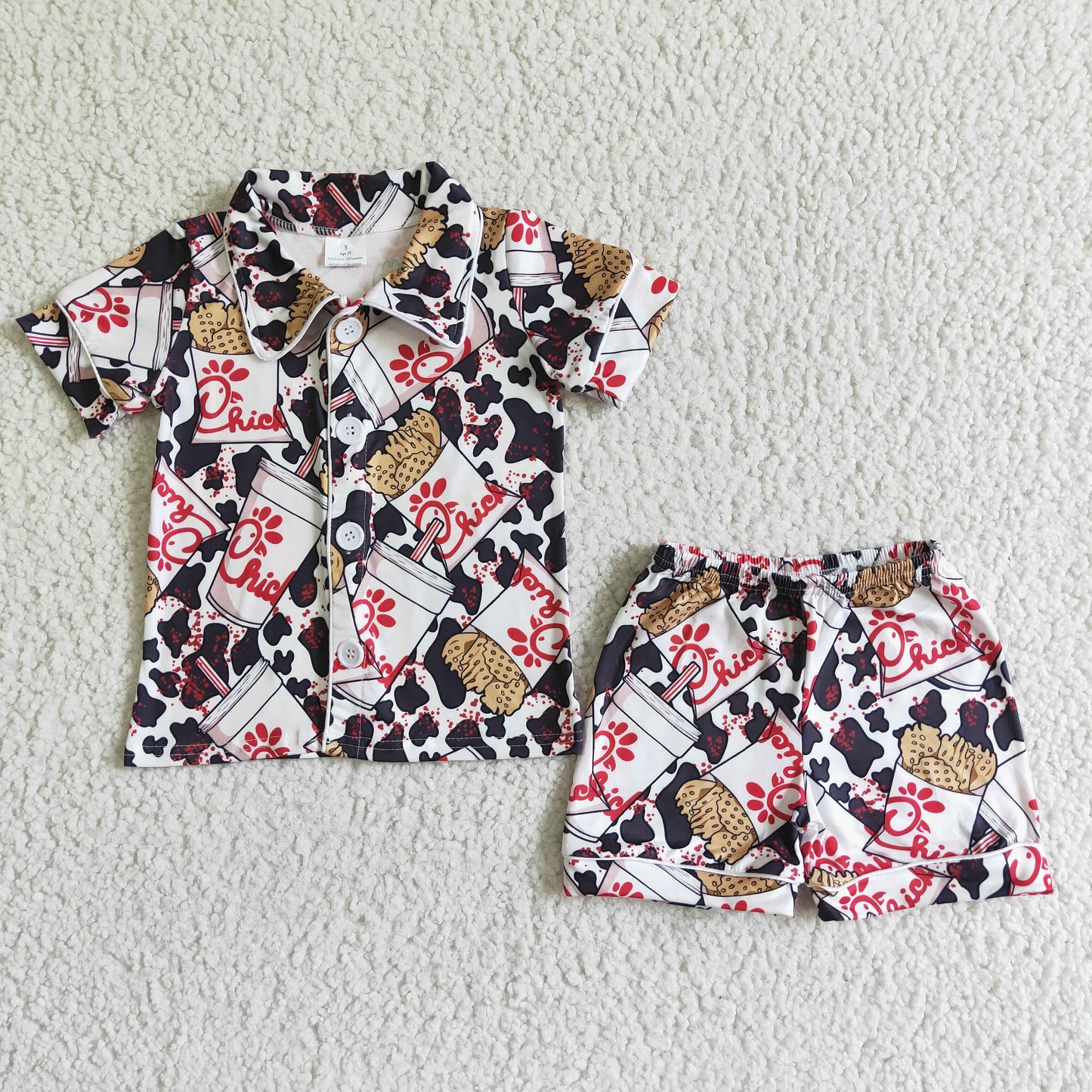 BSSO0080 Red Black Cow Print Collar Girls Short Sleeve Pajamas