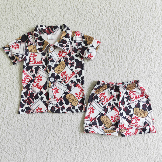 BSSO0080 Red Black Cow Print Collar Girls Short Sleeve Pajamas