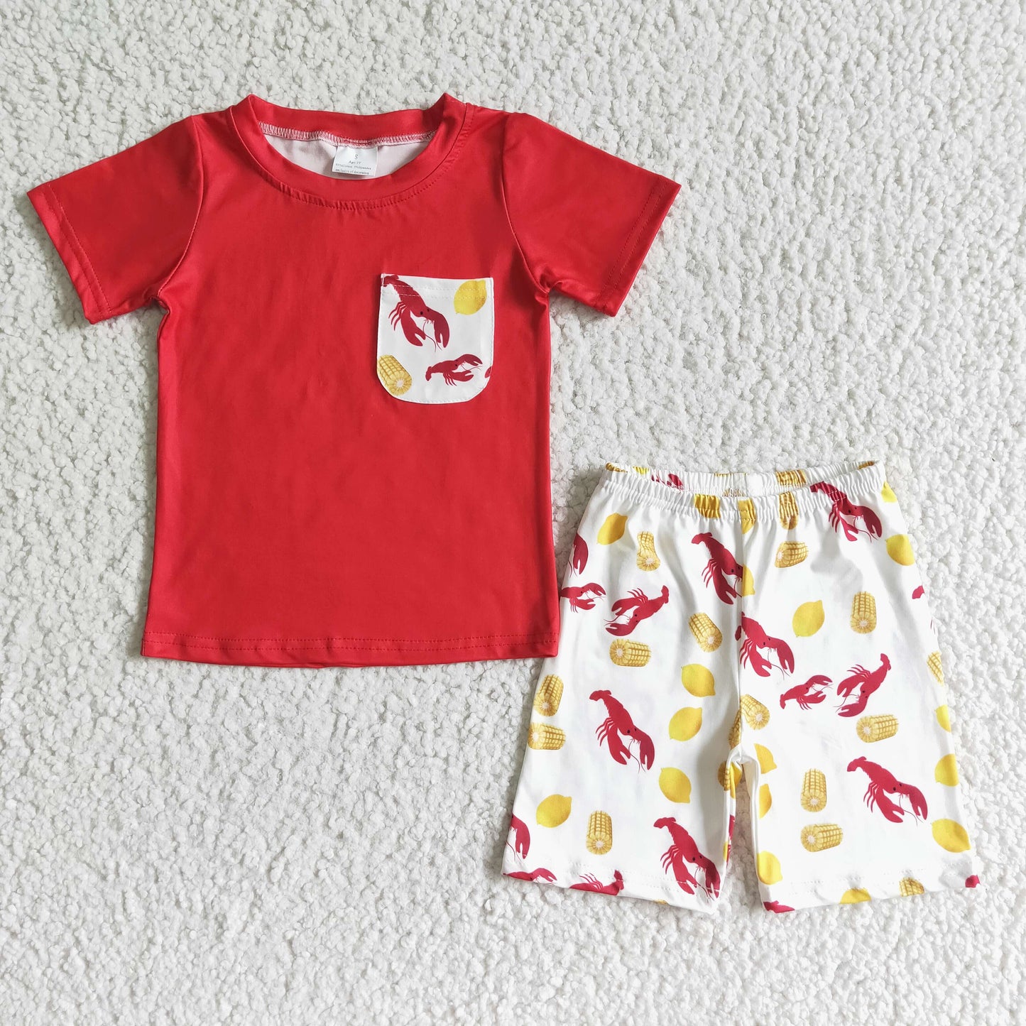 BSSO0006 Red White Cray Crawfish Print Pocket Boys Short Sleeve Shorts Outfits