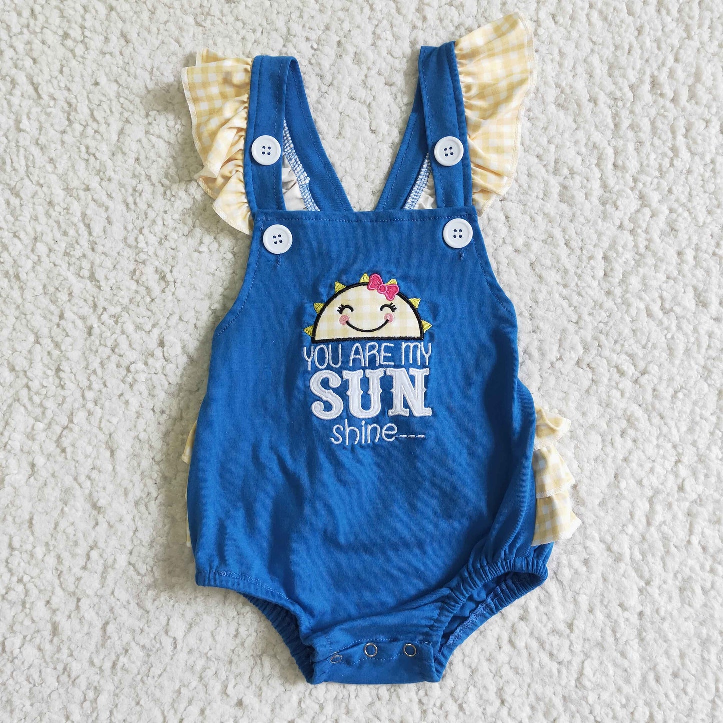 SR0035 Blue Yellow You Are My Sun Shine Embroidery Girls Flutter Sleeve Romper