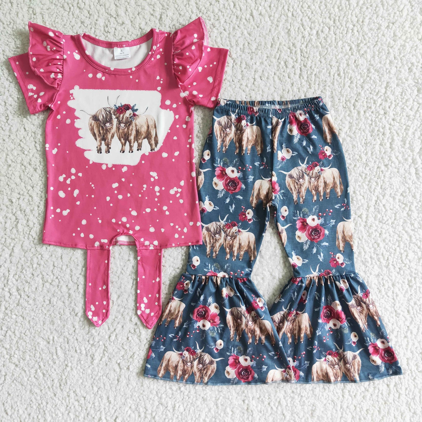 GSPO0090 Pink Blue Highland Cows Girls Short Sleeve Bell Bottom Pants Outfits