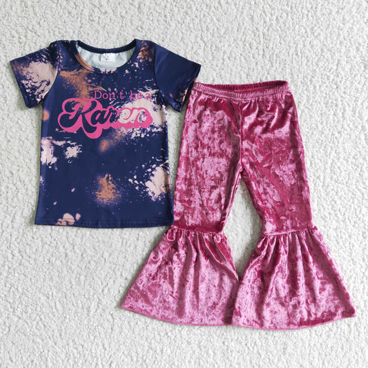 Clearance A4-22 Hot Pink Velvet Firework Girls Short Sleeve Bell Bottom Pants Outfits