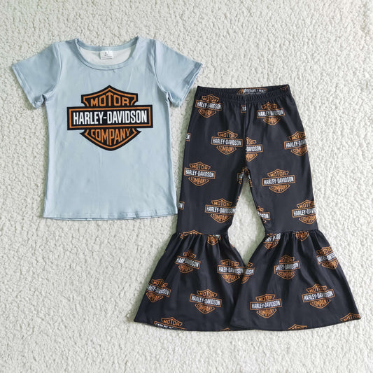 GSPO0106 Blue Motor Girls Short Sleeve Bell Bottom Pants Outfits