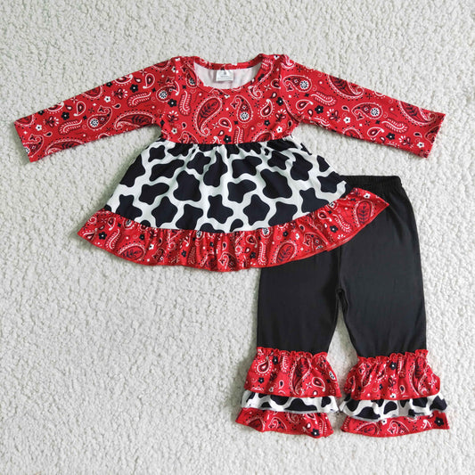 Clearance 6 B2-23 Christmas Paisley Black Red Cow Print Tunic Ruffles Girls Long Sleeve Pants Outfits