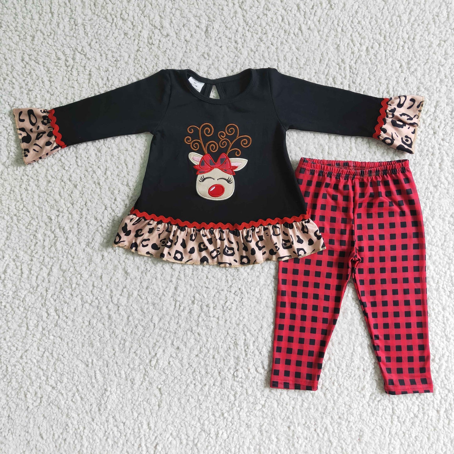 6 A18-27 Christmas Deer Print Embroidery Plaid Tunic Girls Long Sleeve Pants Outfits