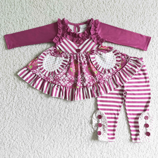 Clearance 6 B8-21 Purple Floral Stripes Pockets Tunic Patchwork Girls Long Sleeve Bell Bottom Pants Outfits