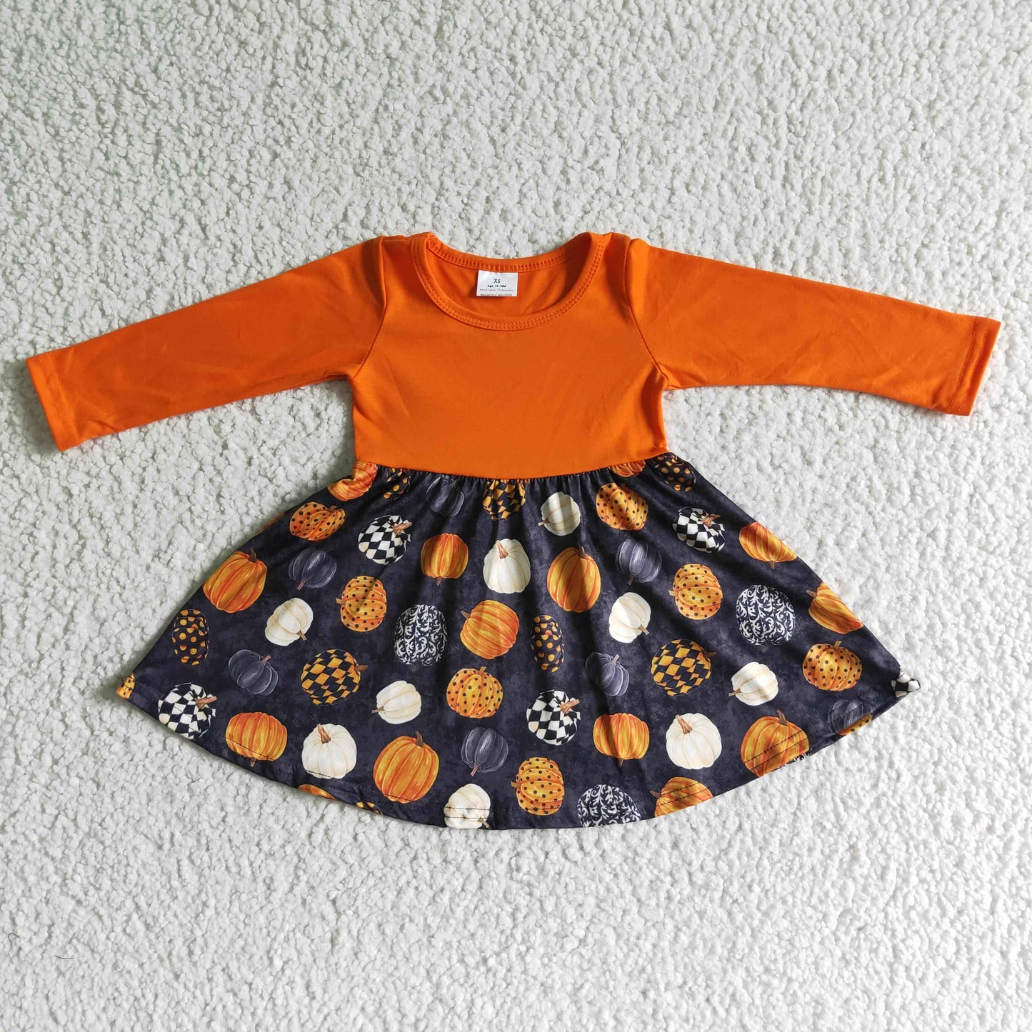 GLD0011 Halloween Orange Pumpkin Girls Long Sleeve Dresses