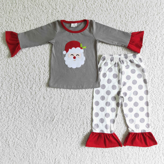 6 A24-14 Christmas Red Grey Santa Dots Embroidery Girls Long Sleeve Pajamas