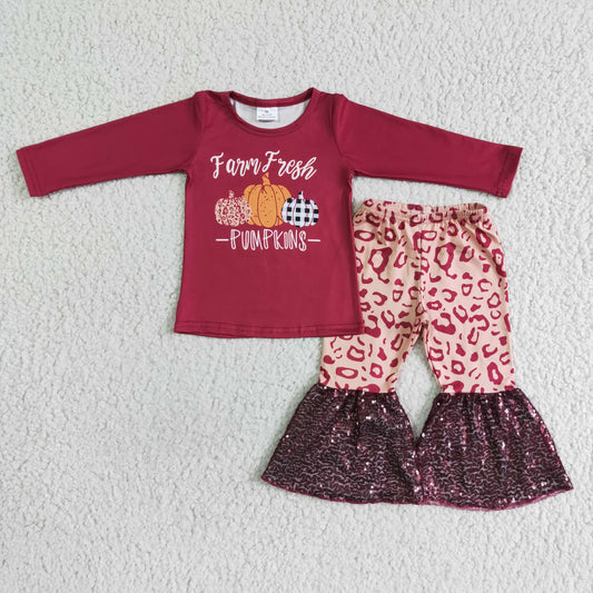 Clearance 6 A25-14 Halloween Pumpkin Red Leopard Sequin Girls Long Sleeve Bell Bottom Pants Outfits